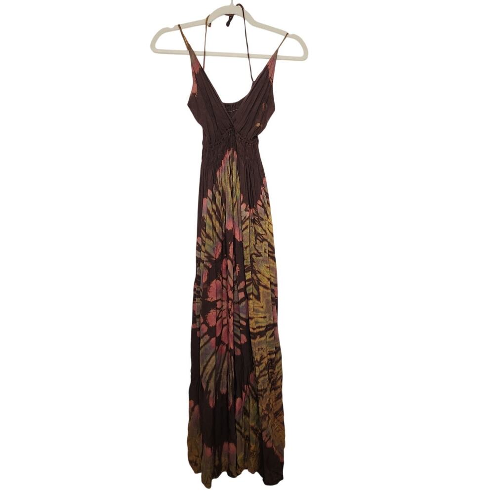 Vintage Tie Dye Boho Maxi Dress Hippie Rave Renaissance Swirl Brown Standard